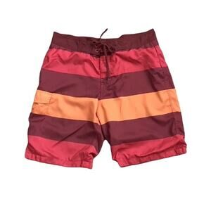 Old Navy Mens L Striped Swim Trunks Board Shorts Red Orange Mesh Lined Beach